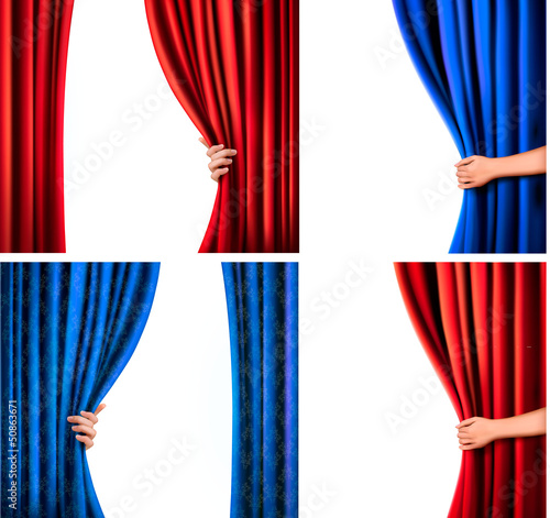 Vector: Set of backgrounds with red and blue velvet curtain and hand. Ve Set of backgrounds with red and blue velvet curtain and hand. Ve