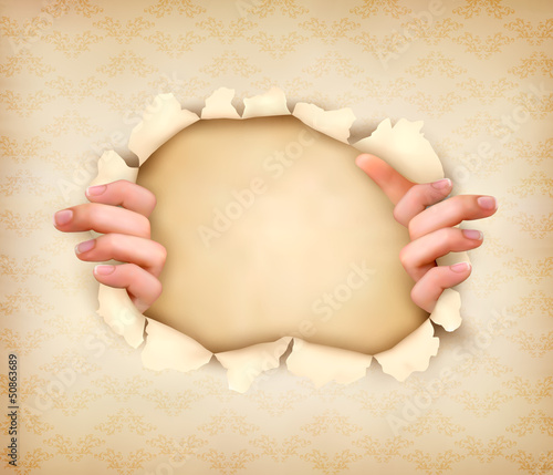 Vector: Vintage background with hands showing trough a hole of in old pa Vintage background with hands showing trough a hole of in old pa