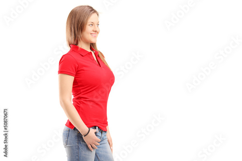 Photo: A young smiling female during a discussion A young smiling female during a discussion