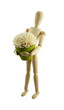 wooden puppet holding flower with clipping path