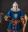 Brave knight in blue with a lion in his form is ready to fight