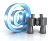 Binoculars with blue at e-mail symbol. internet search concept