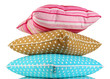Blue, brown and pink bright pillows isolated on white
