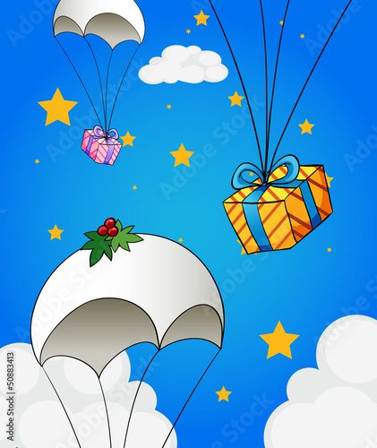 Vector: Three parachutes with gifts Three parachutes with gifts