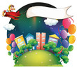 Vector: A monkey riding in a plane in the city with a banner A monkey riding in a plane in the city with a banner