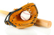 Baseball glove, bat and ball isolated on white