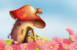 A garden with a mushroom house