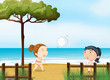 Vektor: Two little girls playing volleyball at the beach Two little girls playing volleyball at the beach