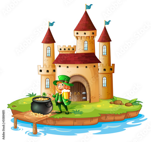 Vector: A man holding a mug of beer with a pot of gold in front of a cas A man holding a mug of beer with a pot of gold in front of a cas