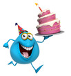 3d cartoon cute blue monster with cake