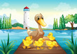 A mother duck with four baby ducks in the wooden bridge