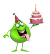 3d cartoon cute green monster with cake