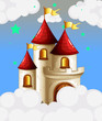 Vektor: A castle in the sky with yellow banners A castle in the sky with yellow banners