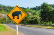 Road sign "caution elephants" on the track