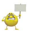 3d cartoon cute yellow monster holding placard