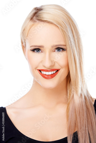 Photo: Portrait of blond beautiful woman with red lips Portrait of blond beautiful woman with red lips