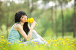 Cute woman in the park with dandelions