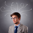 Young man thinking with arrows overhead