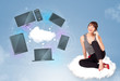 Young girl sitting on cloud enjoying cloud network service