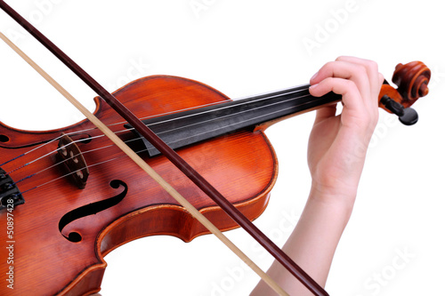 Photo: Beautiful young girl with violin, isolated on white Beautiful young girl with violin, isolated on white