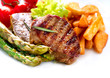 Grilled Beef Steak Meat with Fried Potato, Asparagus, Tomatoes
