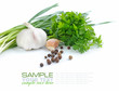 Grains of pepper are with a garlic and greenery of parsley