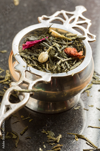 Photo: Green tea in tea strainer Green tea in tea strainer