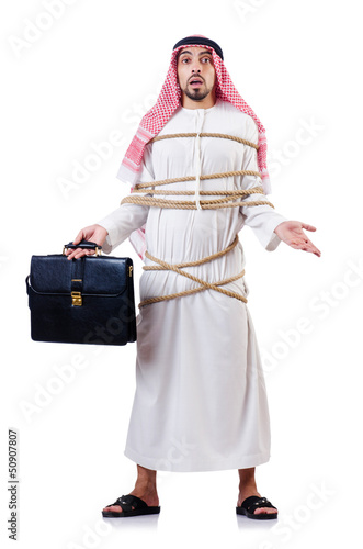 Photo: Arab man tied up with rope on white Arab man tied up with rope on white