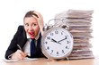 Woman businesswoman with giant alarm clock