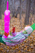A girl in a hammock with a pink phone in autumn forest.