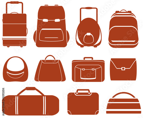Vector: set many red isolated bag for man or woman set many red isolated bag for man or woman