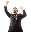 Excited suit man with headphones.