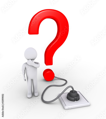 Illustration: Question mark plugged in and a person Question mark plugged in and a person