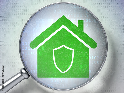 Illustration: Privacy concept: Home with optical glass on digital background Privacy concept: Home with optical glass on digital background