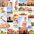 A collage of young relaxing women, fruits and nature