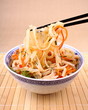 Rice noodle with chicken meat and chopsticks, top view