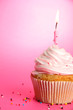 tasty birthday cupcake with candle, on pink background