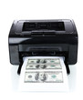 Printer printing fake dollar bills isolated on white