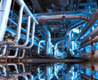 Industrial zone, Steel pipelines and cables in blue tones