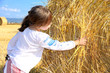 small rural girl on harvest field with straw bales
