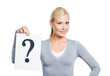 Female in grey sweater keeps paper with question mark