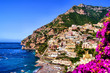 View of the town of Positano with flowers, Amalfi Coast, Italy