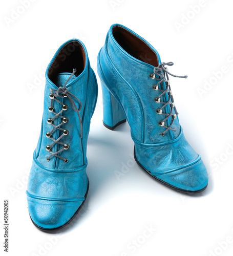Photo: Sky blue metallized leather high heels booties Sky blue metallized leather high heels booties