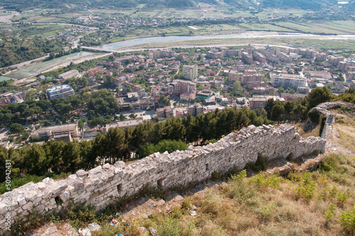 aerial view of Berat village and Osum river from Citadel, Albania
