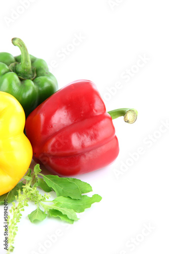 Photo: A Bell peppers Three colors on white Background. A Bell peppers Three colors on white Background.