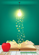 Open book with creative light bulb and falling letters