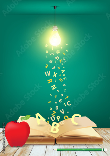 Vector: Open book with creative light bulb and falling letters Open book with creative light bulb and falling letters