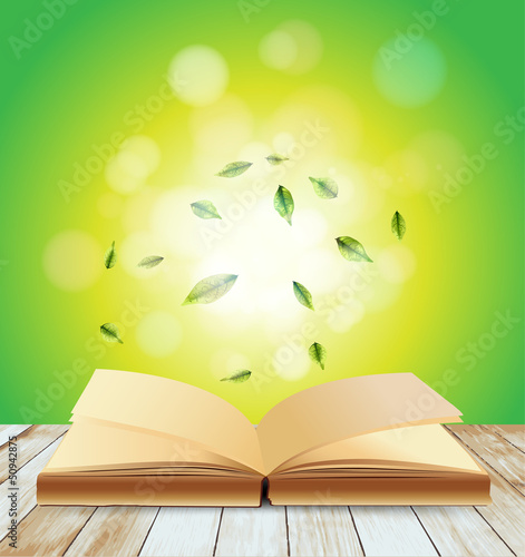 Vector: Open book on wood planks over abstract light background Open book on wood planks over abstract light background