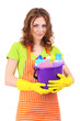 Young housewife with bucket of cleaning supplies, isolated