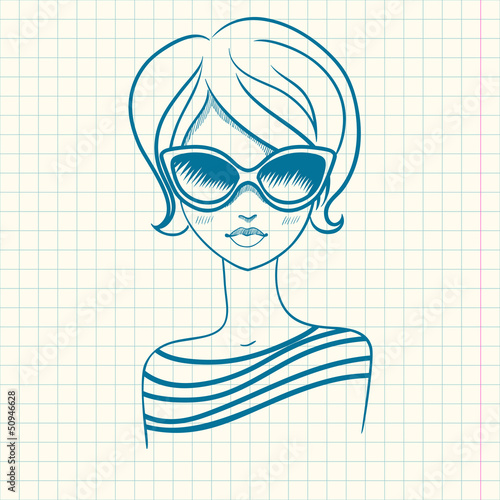 Vector: Fashionable girl in sunglasses. Drawn by hand. Fashionable girl in sunglasses. Drawn by hand.